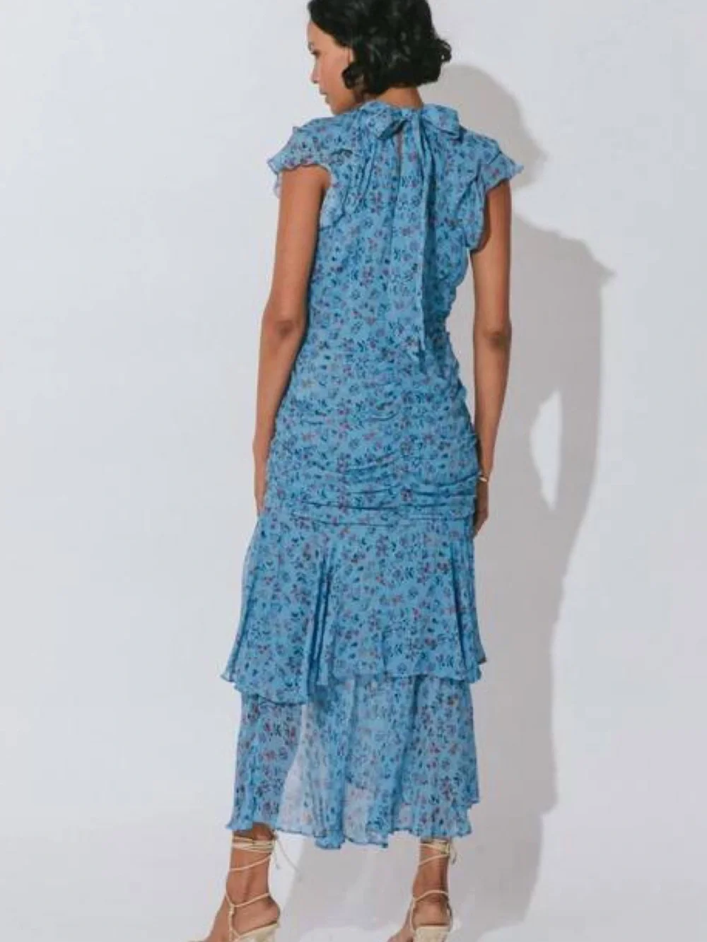 Cleobella Cecilia Floral Chiffon Tiered Midi Ankle Dress in Blue Floral M EUC